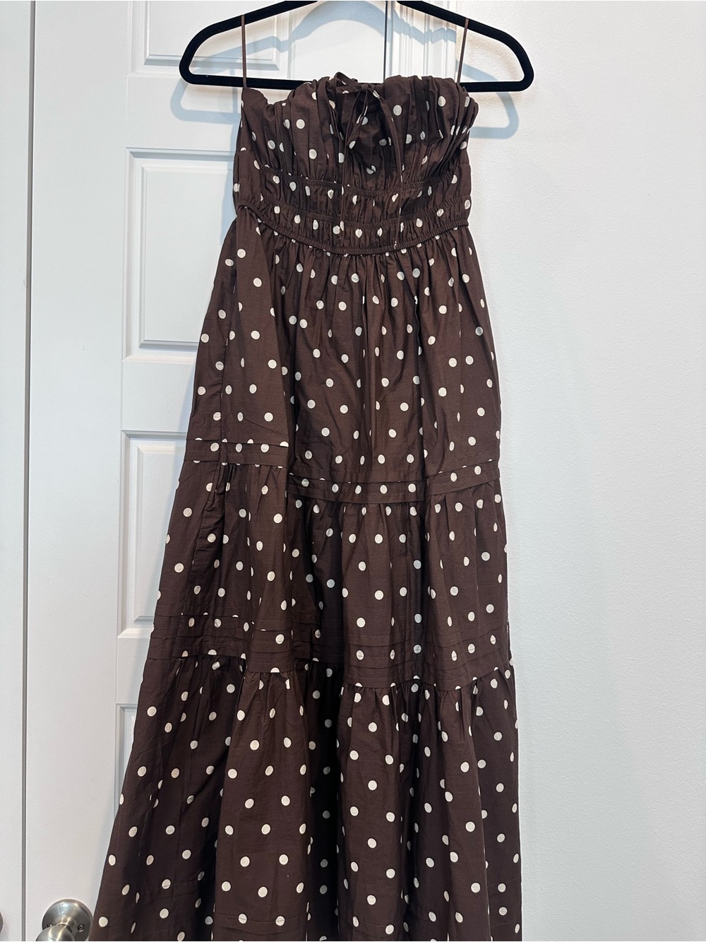 Somerset Polka Dot Strapless Tiered Maxi Dress in Brown